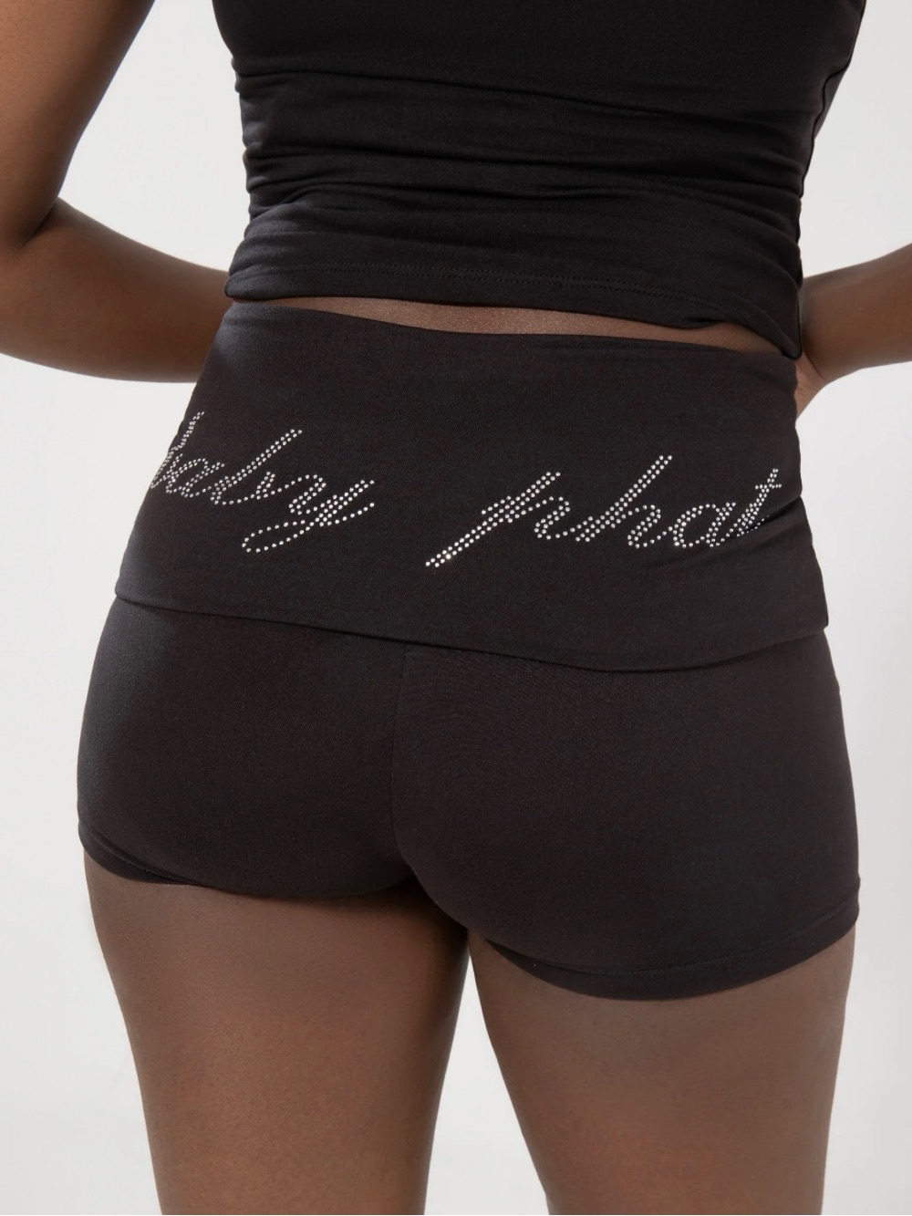 Baby Phat  rhinestone foldover waistband booty shorts